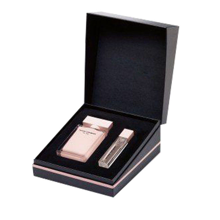 Cajas de perfumes rosas y negras para regalos personalizados con tapas magnéticas y cinta