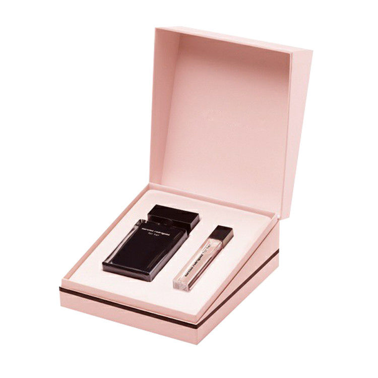 Cajas de perfumes rosas y negras para regalos personalizados con tapas magnéticas y cinta