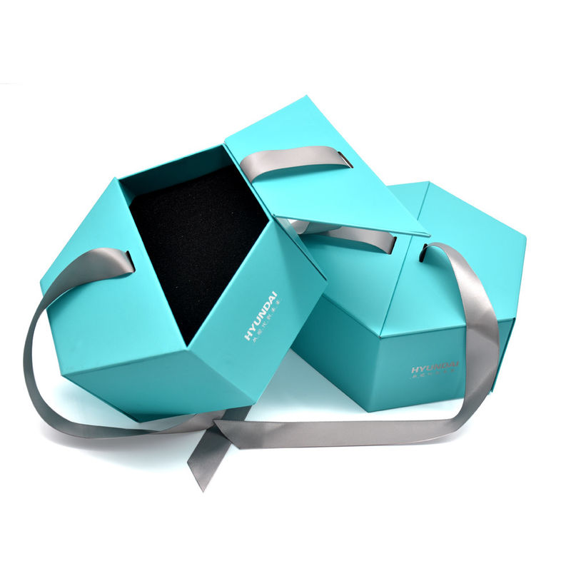 Caja de regalo magnética hexagonal verde con cinta y espuma Insertar papel estampado superficie de cartón rígido