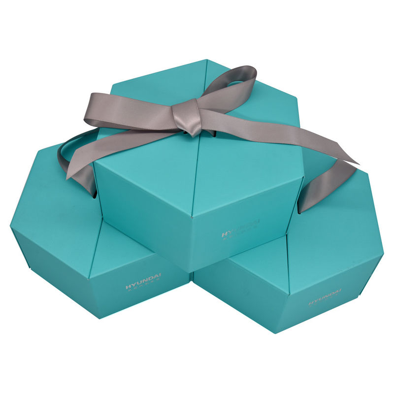Caja de regalo magnética hexagonal verde con cinta y espuma Insertar papel estampado superficie de cartón rígido