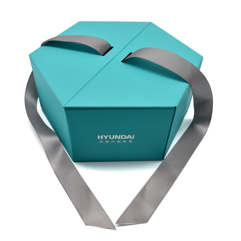 Caja de regalo magnética hexagonal verde con cinta y espuma Insertar papel estampado superficie de cartón rígido