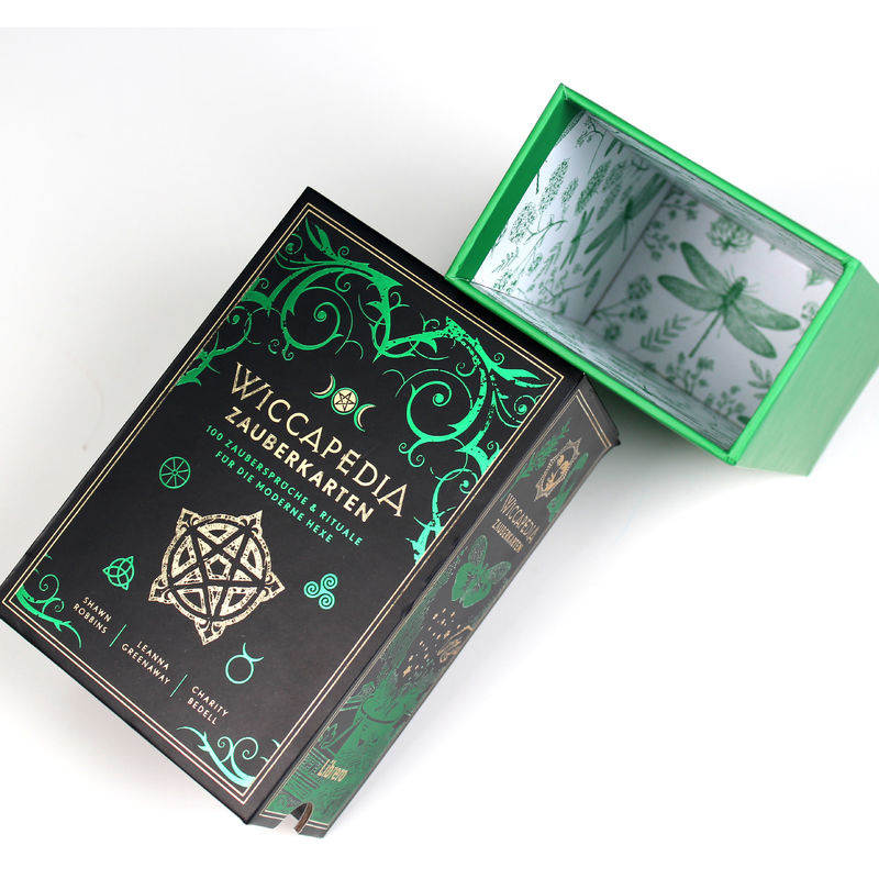 Embalaje de papel de caja deslizante rígida con bandeja y estampado de papel verde para cartas mágicas