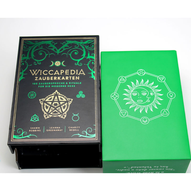 Embalaje de papel de caja deslizante rígida con bandeja y estampado de papel verde para cartas mágicas