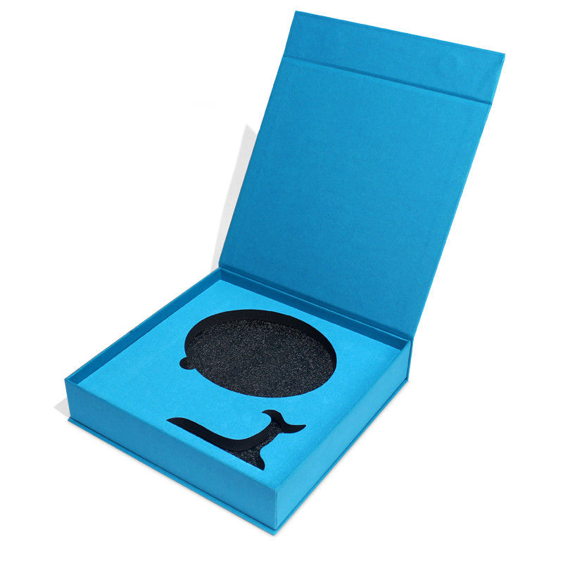 Caja de embalaje de regalo magnético azul hecha para productos con espuma y diseño personalizado