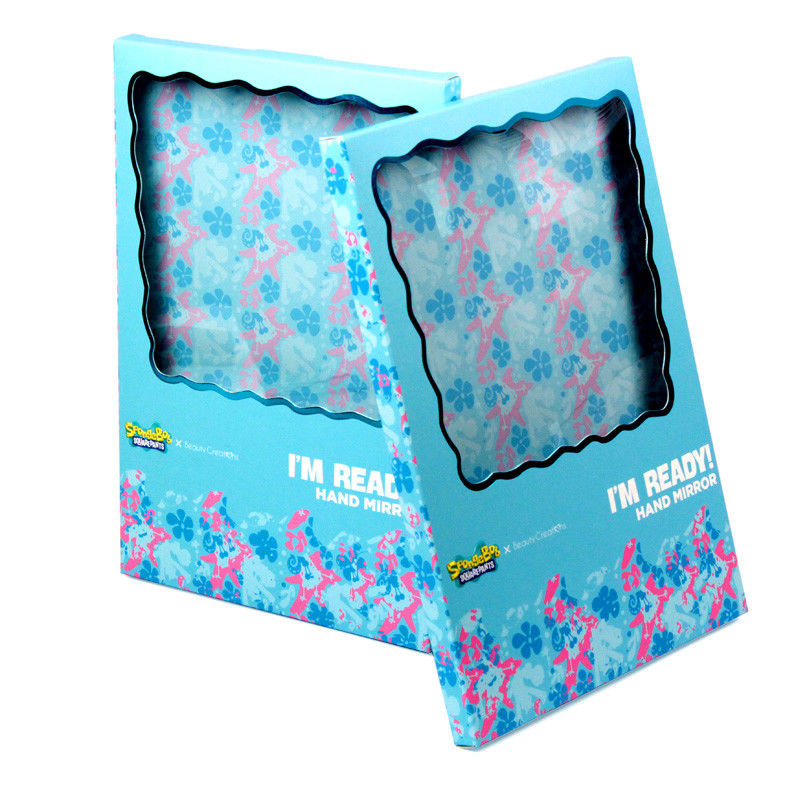Embalaje de caja de regalo de papel azul personalizado con ventana transparente para espejo cosmético