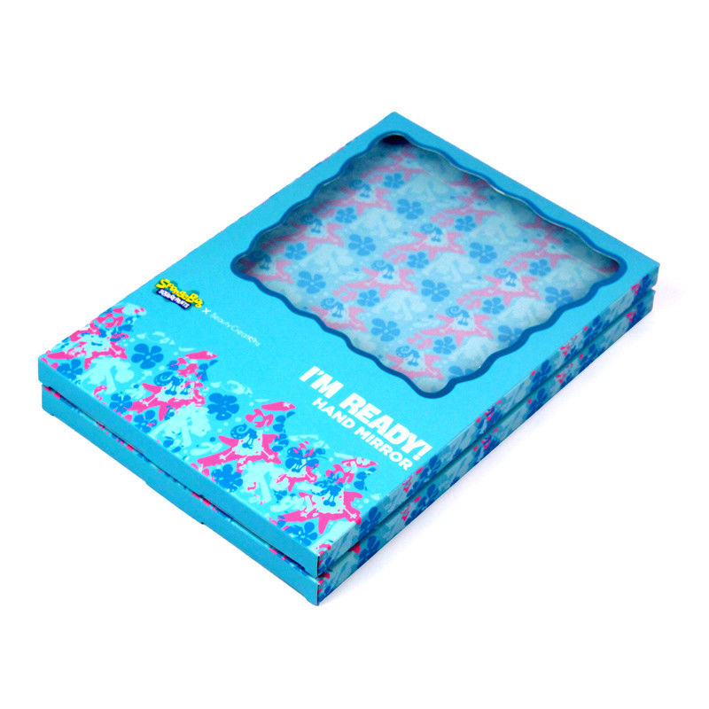 Embalaje de caja de regalo de papel azul personalizado con ventana transparente para espejo cosmético