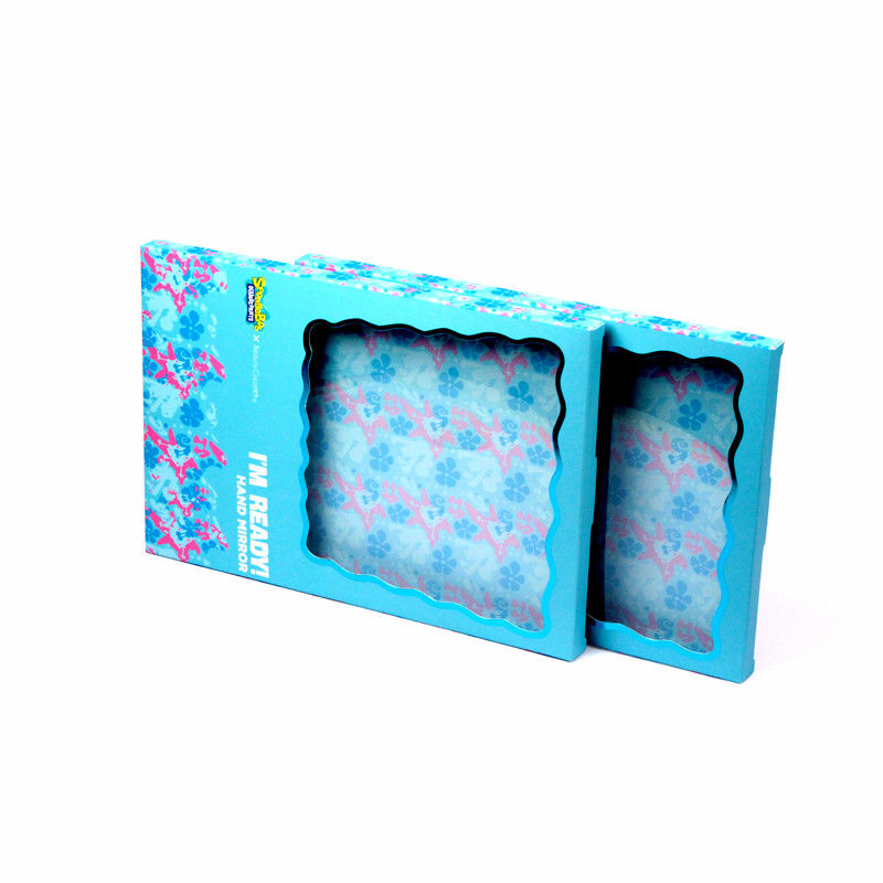 Embalaje de caja de regalo de papel azul personalizado con ventana transparente para espejo cosmético