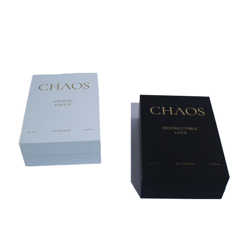 Diseño de embalaje de cajas de perfumes en blanco y negro con cierre magnético para pequeñas empresas