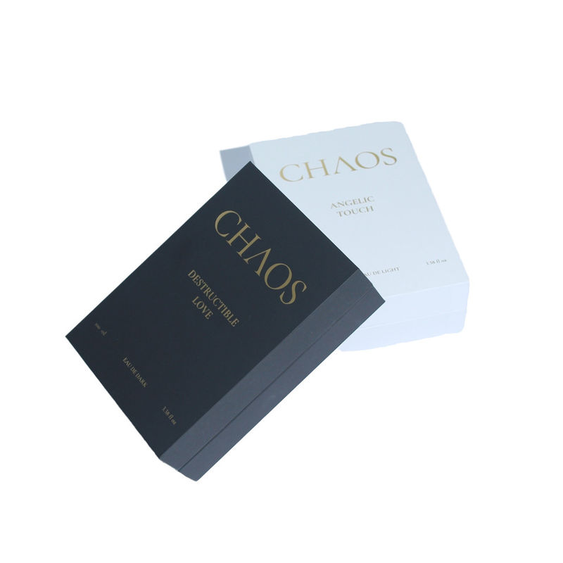 Diseño de embalaje de cajas de perfumes en blanco y negro con cierre magnético para pequeñas empresas