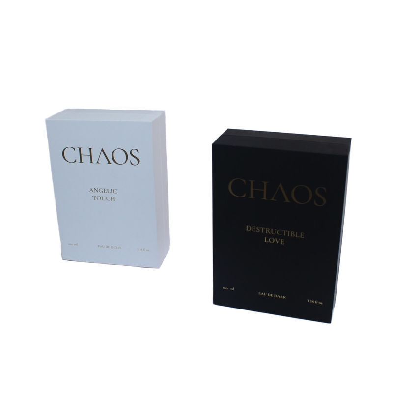 Diseño de embalaje de cajas de perfumes en blanco y negro con cierre magnético para pequeñas empresas