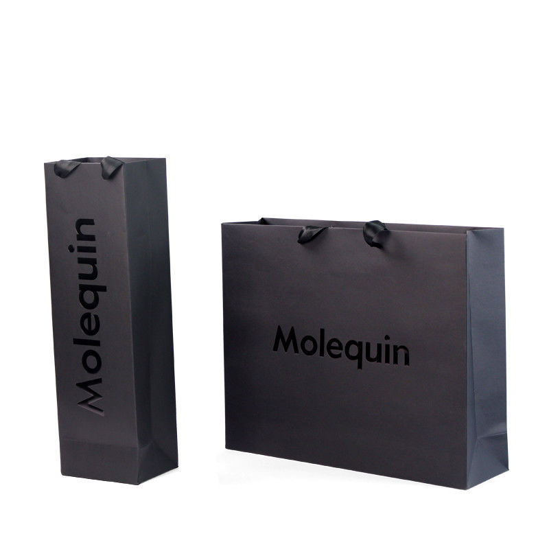 Bolsas de compras de papel negro personalizadas con mangos de cinta Diseño de caja de embalaje de producto elegante