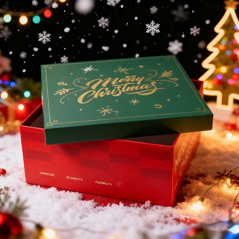 Caja de regalo de cartón festiva navideña roja personalizable con tapa y base para venta al por mayor y al por menor