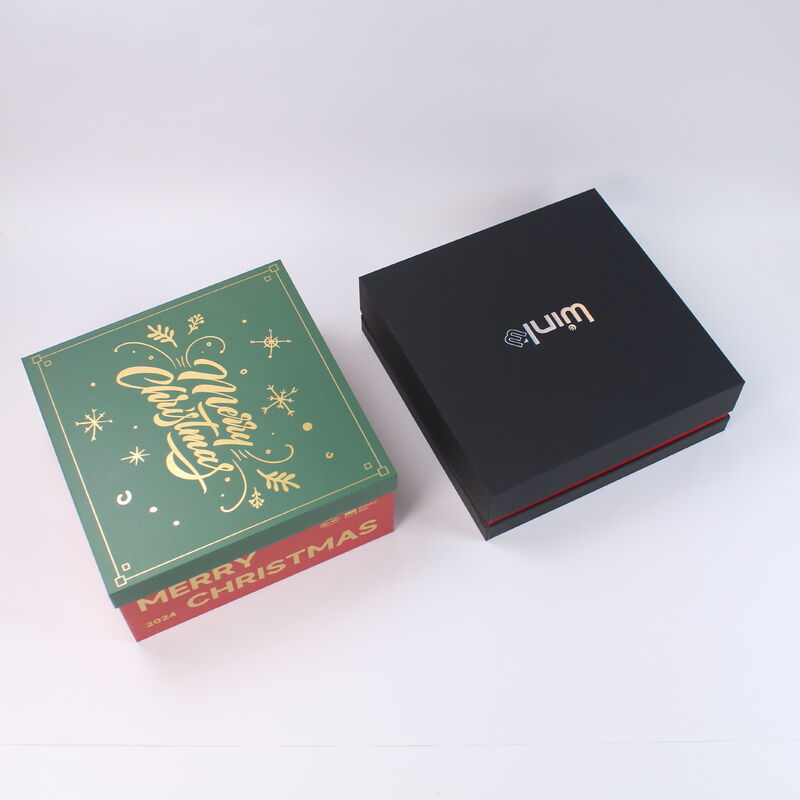 Caja de regalo de cartón festiva navideña roja personalizable con tapa y base para venta al por mayor y al por menor