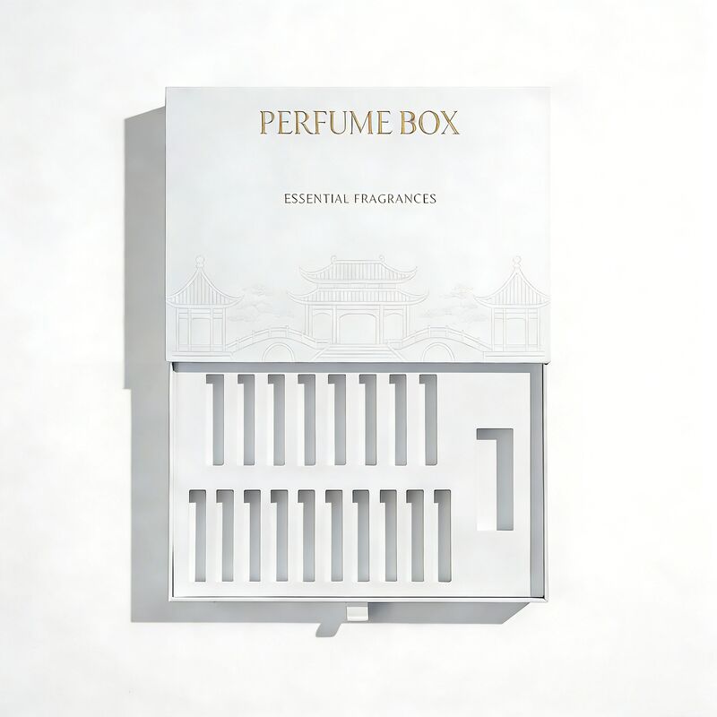 Caja de embalaje de perfume estilo cajón con logotipo personalizado y materiales ecológicos para embalaje de muestras de fragancias de lujo