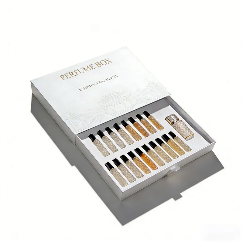 Caja de embalaje de perfume estilo cajón con logotipo personalizado y materiales ecológicos para embalaje de muestras de fragancias de lujo
