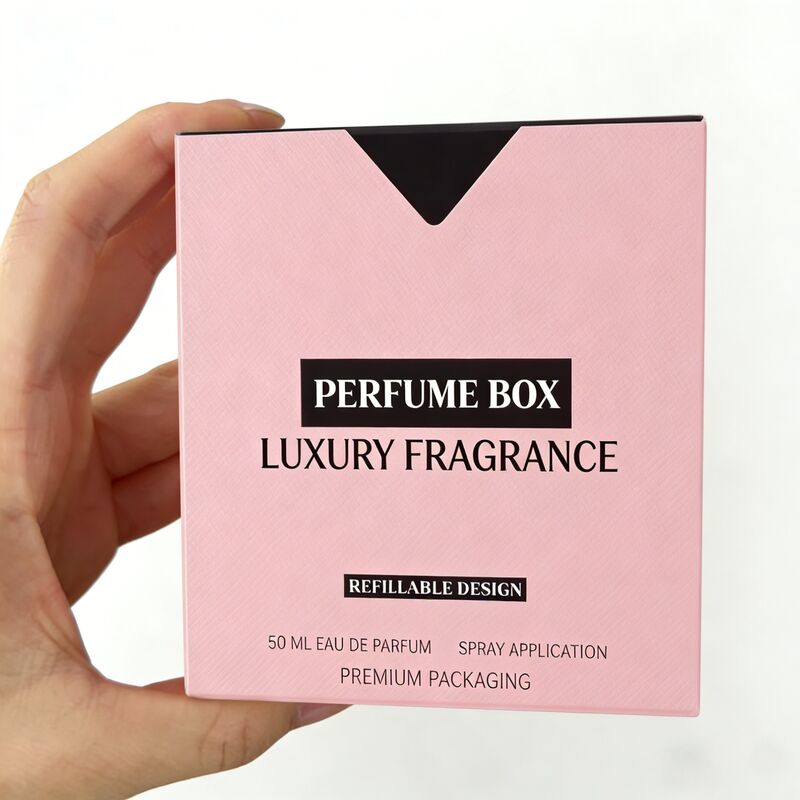Caja de embalaje de perfume con diseño en V de corte de papel para tarjetas de doble ranura con cartulina rígida de 350,400 g/m² e impresión a cuatro colores, estampado en caliente, UV