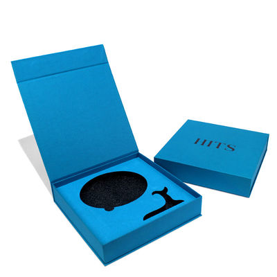 Caja de embalaje de regalo magnético azul hecha para productos con espuma y diseño personalizado