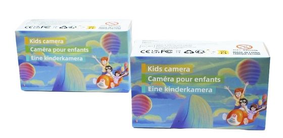 Caja de embalaje de cartón de cámara para niños portátil con logotipo personalizado de color púrpura brillante