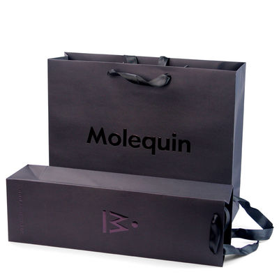 Bolsas de compras de papel negro personalizadas con mangos de cinta Diseño de caja de embalaje de producto elegante